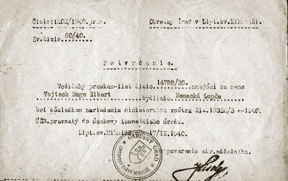Document notifying a Slovak  Jews that his drivers license has been revoked.